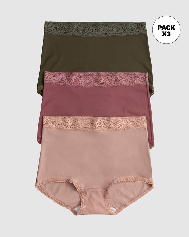 Paquete x 3 Panties Clásicos con Toques de Encaje#color_s24-verde-vino-rosa
