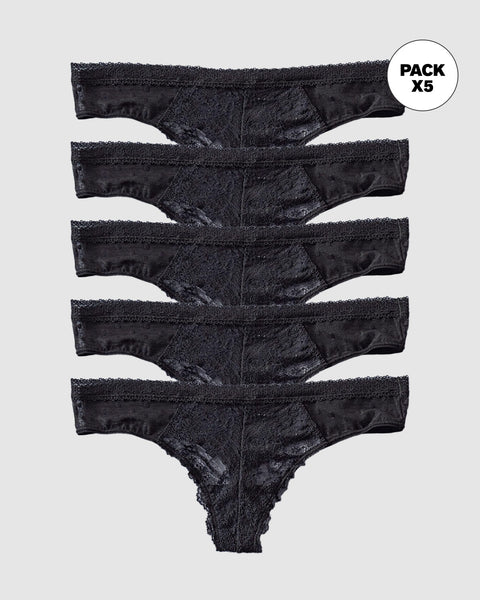 Paquete x5 panties tipo tanga brasilera en encaje#color700-negro