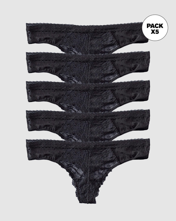 Paquete x5 panties tipo tanga brasilera en encaje