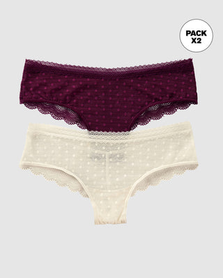 Paquete x 2 Panties Cacheteros en Encaje y Tul#color_s52-vino-marfil