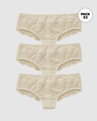 Paquete x3 panties cachetero semidescaderado en encaje y tul con refuerzo en algodón#color_253-marfil