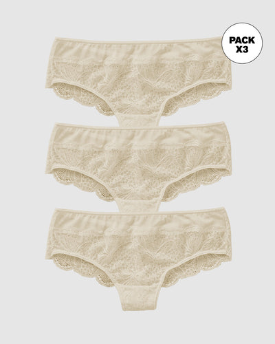 Paquete x3 panties cachetero semidescaderado en encaje y tul con refuerzo en algodón#color_253-marfil