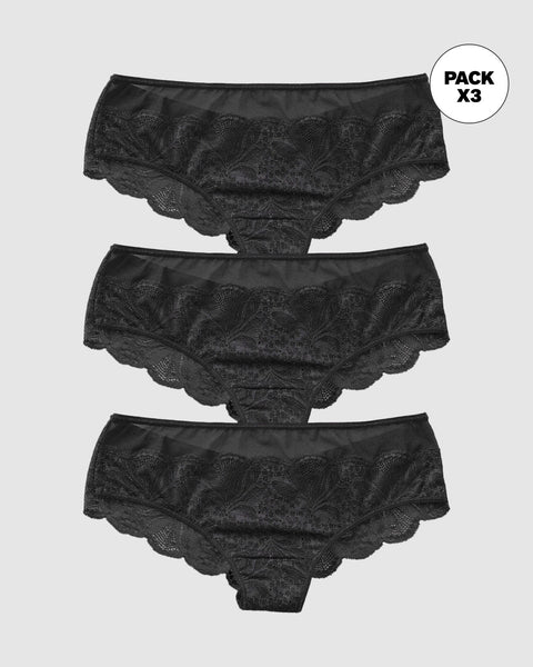 Paquete x3 panties cachetero semidescaderado en encaje y tul con refuerzo en algodón#color_700-negro