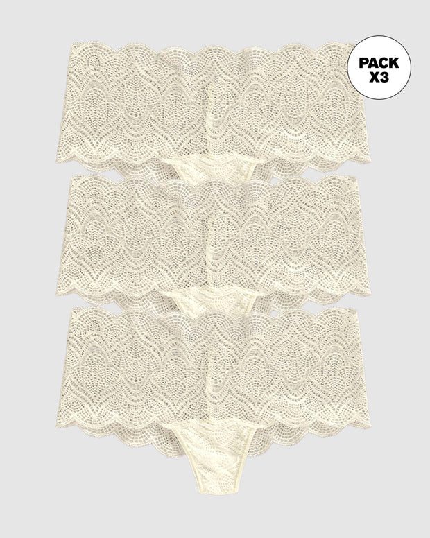 Paquete x3 panties estilo cachetero en encaje con transparencias y bordes redondeados