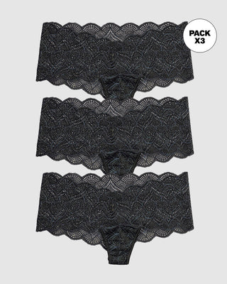 Paquete x3 panties estilo cachetero en encaje con transparencias y bordes redondeados#color_700-negro