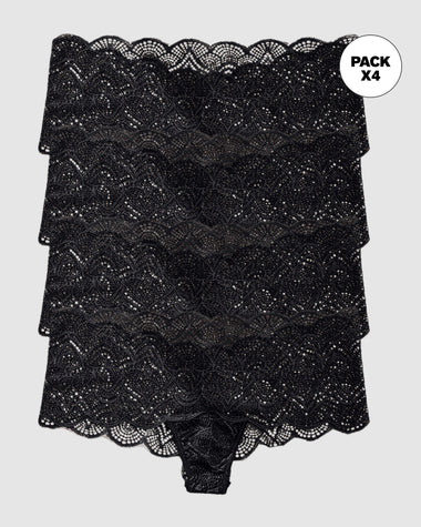 Paquete x 4 panties estilo cachetero en encaje con transparencias y bordes redondeados#color_700-negro