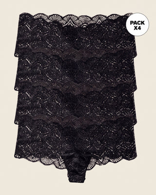Paquete x 4 panties estilo cachetero en encaje con transparencias y bordes redondeados#color_700-negro