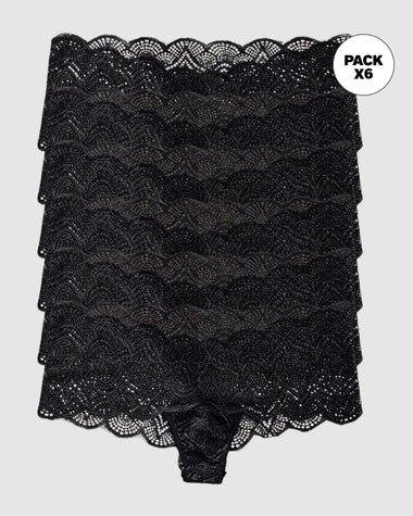 Paquete x 6 panties estilo cachetero en encaje con transparencias y bordes redondeados#color_700-negro