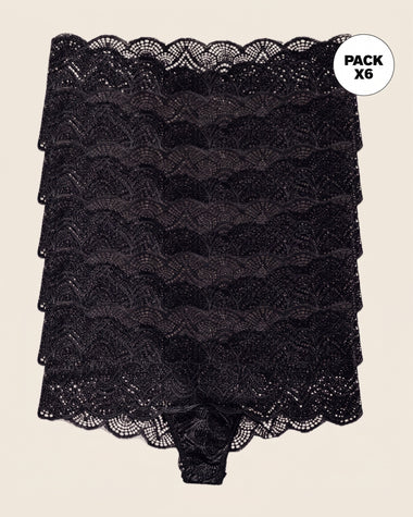Paquete x 6 panties estilo cachetero en encaje con transparencias y bordes redondeados#color_700-negro
