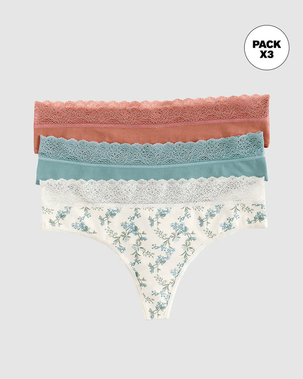 Paquete x3 brasilera en algodón elástico con detalle en encaje