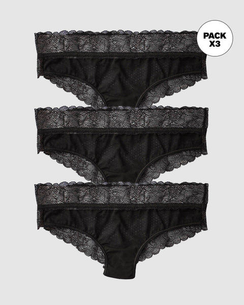 Paquete x3 panties cachetero de tiro medio en tul y encaje#color_700-negro