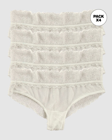 Paquete x 4 panties cacheteros de tiro medio en tul y encaje#color_253-marfil