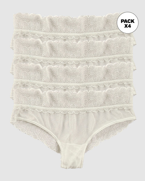 Paquete x 4 panties cacheteros de tiro medio en tul y encaje#color_253-marfil