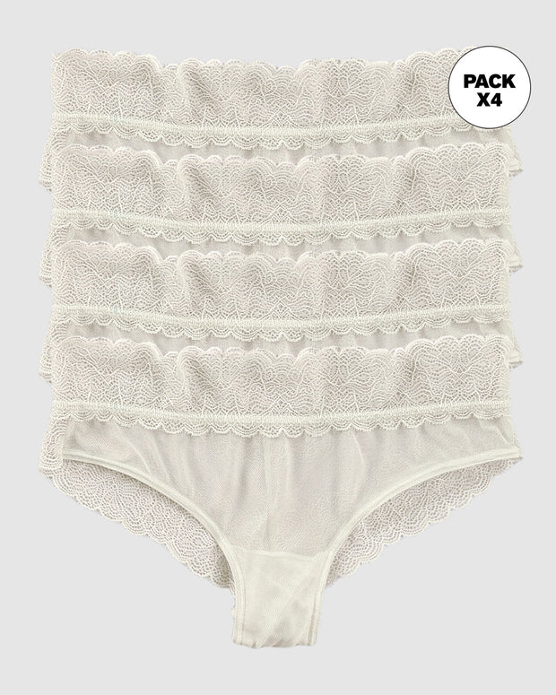 Paquete x 4 panties cacheteros de tiro medio en tul y encaje