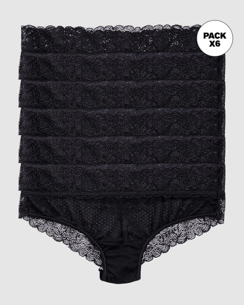 Paquete x 6 panties cacheteros de tiro medio en tul y encaje#color_700-negro