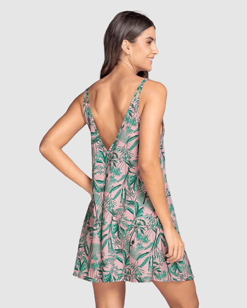 Vestido corto de playa con cargaderas dobles#color_276-estampado-hojas-verdes