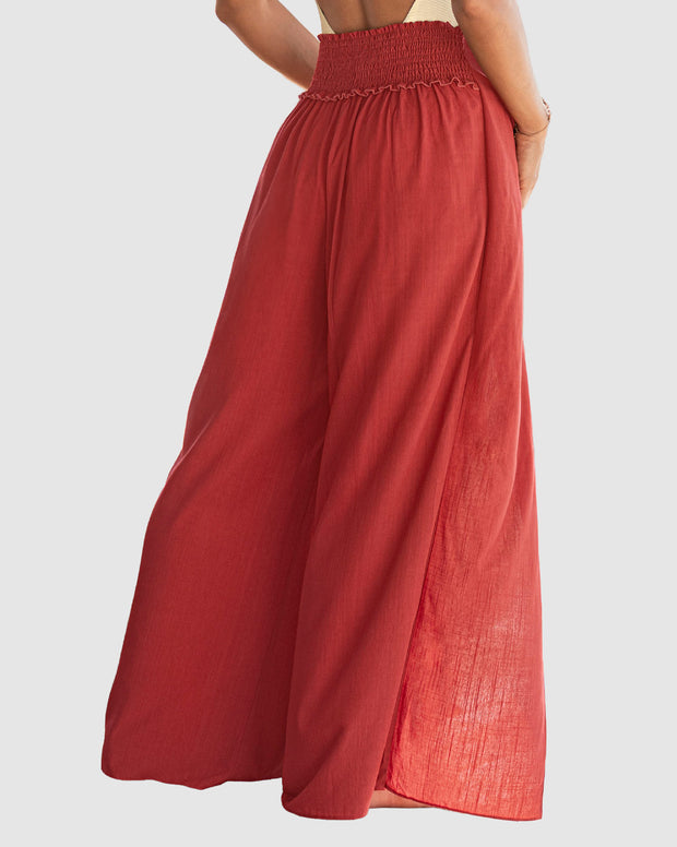 Pantalón tipo lino con tiras anudables en frente y elástico en espalda