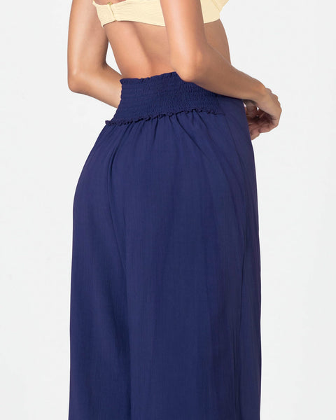 Pantalón tipo lino con tiras anudables en frente y elástico en espalda#color_547-azul