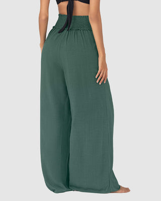 Pantalón tipo lino con tiras anudables en frente y elástico en espalda#color_643-verde-medio