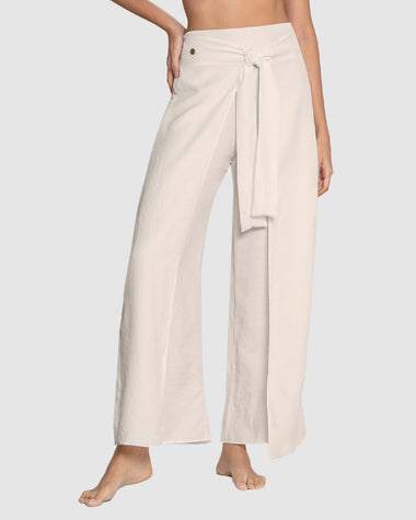 Pantalón playero tipo lino anudable en el frente#color_000-blanco