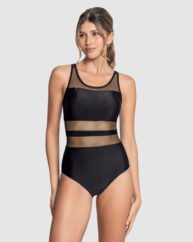 Vestido de baño entero de control con transparencias en tul