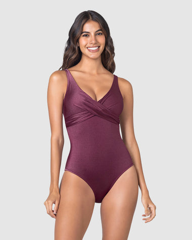Vestido de baño entero con control de abdomen y tela con brillo#color_466-vinotinto