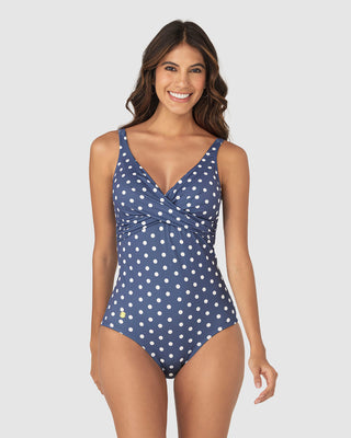 Vestido de baño con drapeado en el escote#color_a63-estampado-puntos-azul
