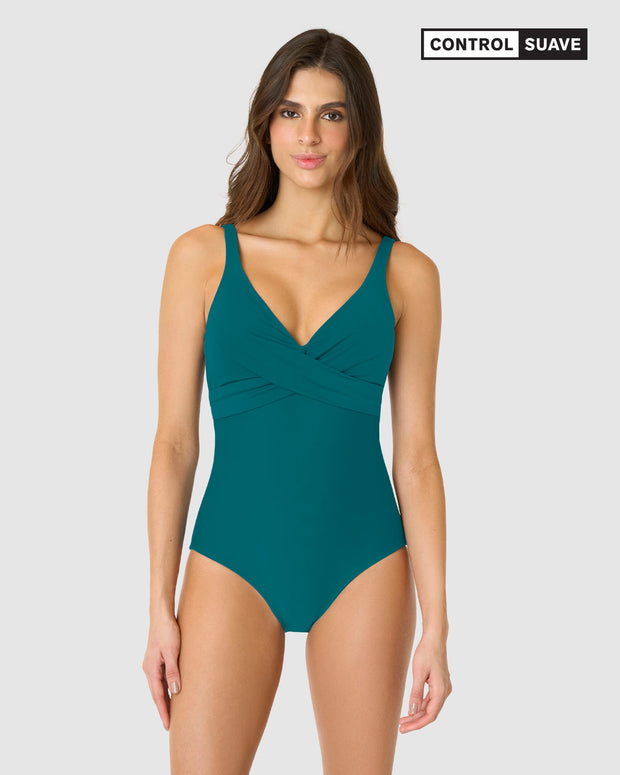 Vestido de baño de control suave de abdomen con drapeado en escote