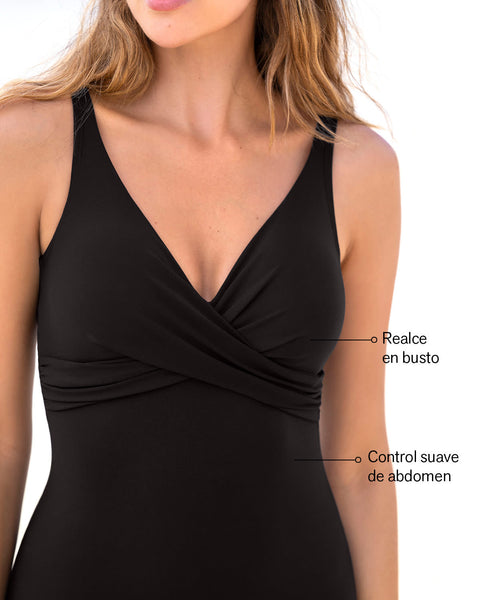 Vestido de baño de control suave de abdomen con drapeado en escote#color_700-negro