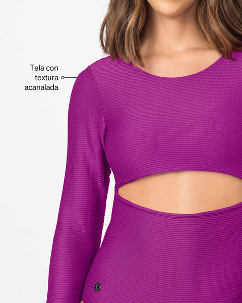 Vestido de baño entero manga larga con abertura en abdomen#color_429-morado
