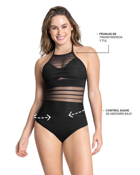 Vestido de baño entero con control suave de abdomen bajo y detalles en tul#color_700-negro