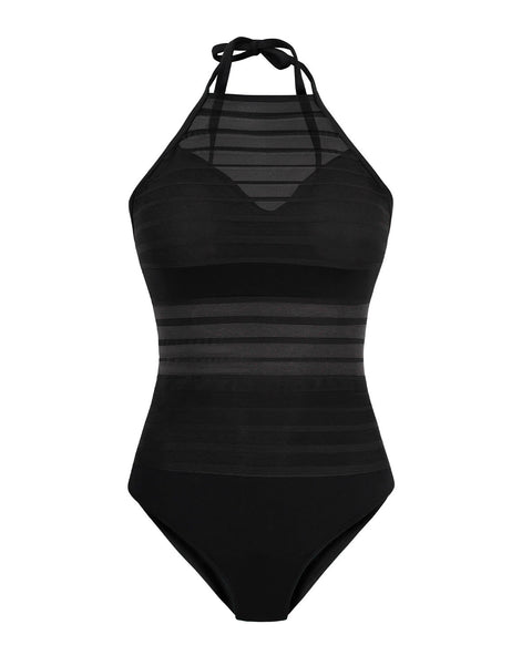 Vestido de baño entero con control suave de abdomen bajo y detalles en tul#color_700-negro