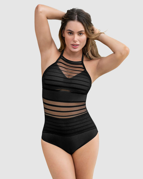 Vestido de baño entero con control suave de abdomen bajo y detalles en tul#color_700-negro