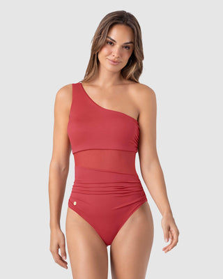 Vestido de baño entero de un solo hombro con control de abdomen#color_391-rojo-coral