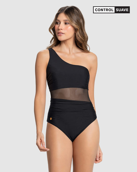 Vestido de baño entero de un solo hombro con control de abdomen#color_700-negro