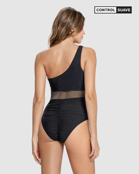 Vestido de baño entero de un solo hombro con control de abdomen#color_700-negro