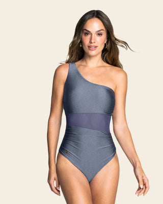 Vestido de baño entero de un solo hombro con control suave de abdomen bajo#color_457-azul-grisaceo