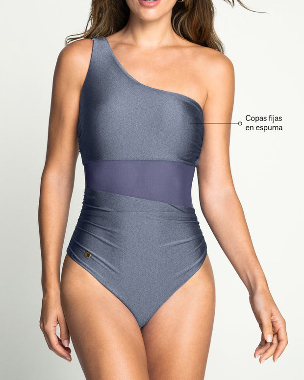 Vestido de baño entero de un solo hombro con control suave de abdomen bajo