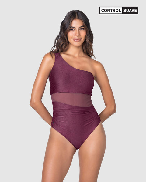 Vestido de baño entero de un solo hombro con control suave de abdomen bajo#color_466-vinotinto