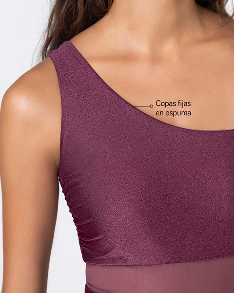 Vestido de baño entero de un solo hombro con control suave de abdomen bajo#color_466-vinotinto