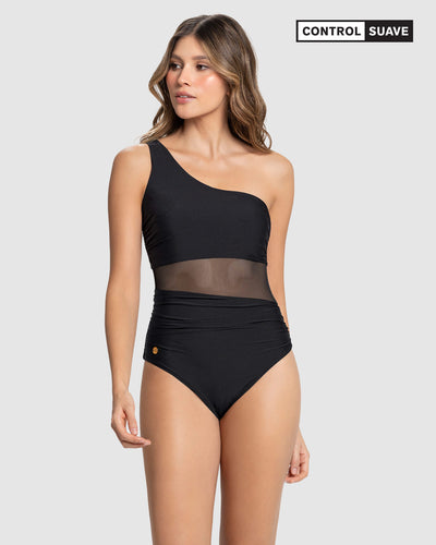 Vestido de baño entero de un solo hombro con control suave de abdomen bajo#color_700-negro