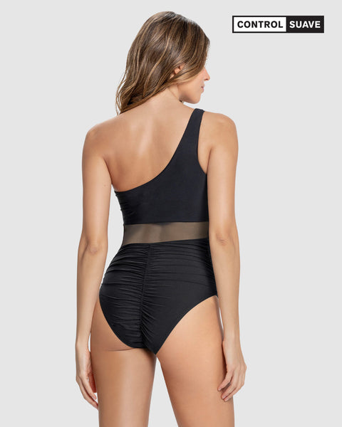 Vestido de baño entero de un solo hombro con control suave de abdomen bajo#color_700-negro