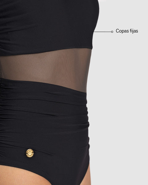Vestido de baño entero de un solo hombro con control suave de abdomen bajo#color_700-negro