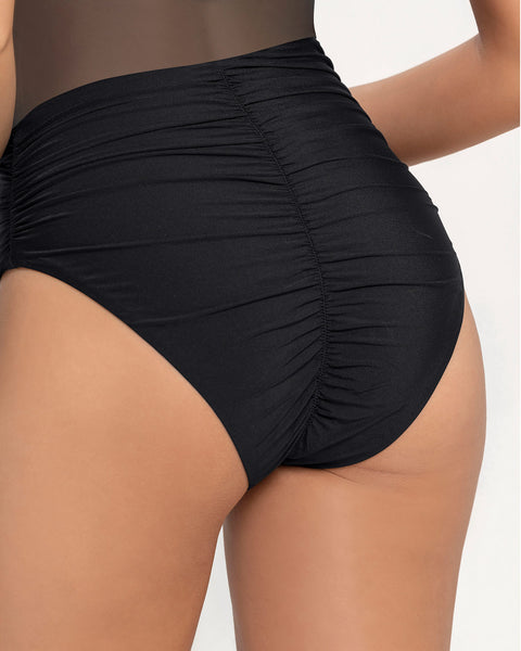 Vestido de baño entero de un solo hombro con control suave de abdomen bajo#color_700-negro