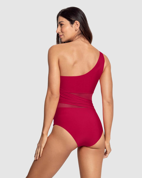 Vestido de baño entero de control de abdomen y hombro asimétrico#color_323-rojo