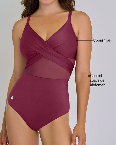 Vestido de baño entero con escote cruzado y tela con brillo#color_466-vinotinto