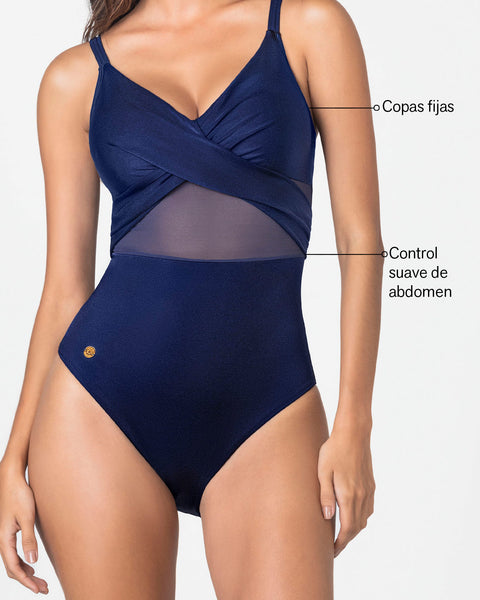 Vestido de baño entero con escote cruzado y tela con brillo#color_509-azul-oscuro