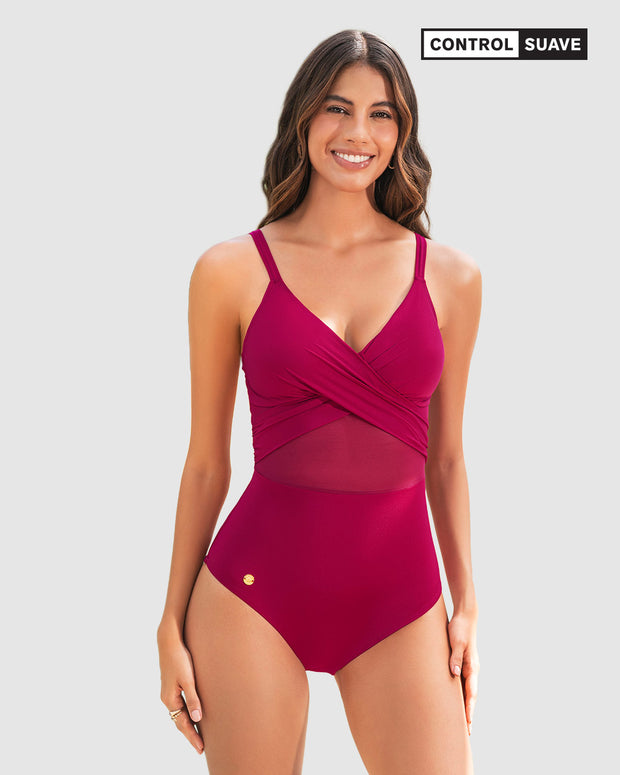 Vestido de baño entero de control suave en abdomen y drapeado en escote