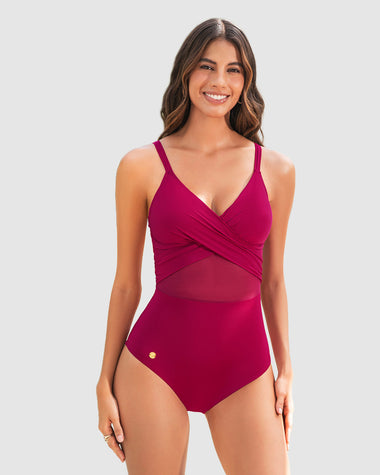 Vestido de baño entero de control suave en abdomen y drapeado en escote#color_333-rojo