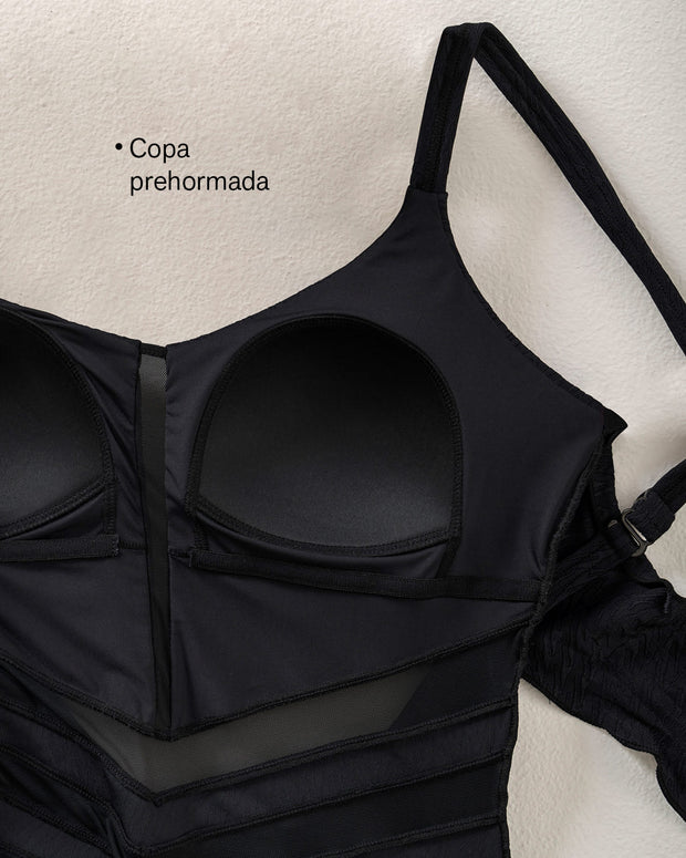 Vestido de baño entero control suave de abdomen y tela con textura#color_700-negro